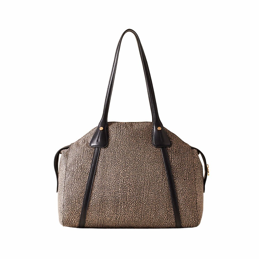 Borbonese borsa shopping medium Poche tessuto Op naturale Pelle nero