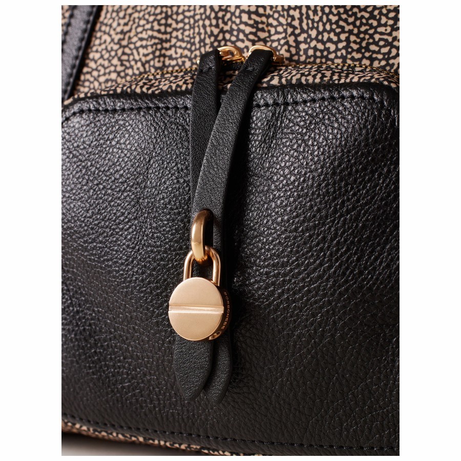Borbonese borsa shopping medium Poche tessuto Op naturale Pelle nero