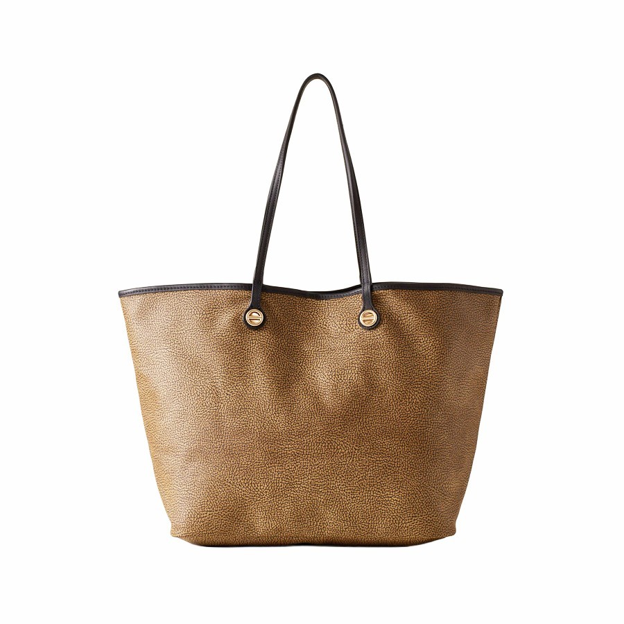 Borbonese borsa shopping large Flight Tela rivestita Op naturale Pelle nero