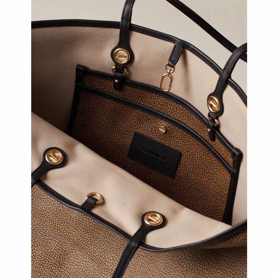 Borbonese borsa shopping large Flight Tela rivestita Op naturale Pelle nero