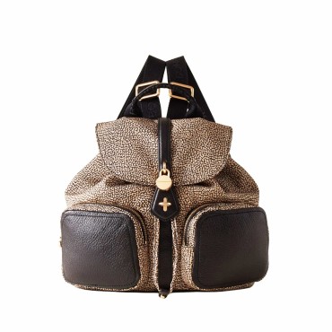 Borbonese medium backpack Poche natural Op fabric black leather