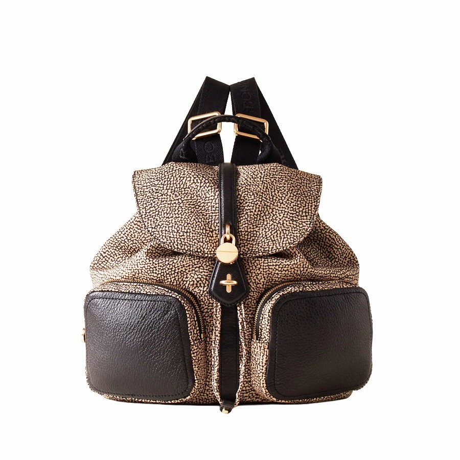 Borbonese zaino medium Poche tessuto Op naturale Pelle nero
