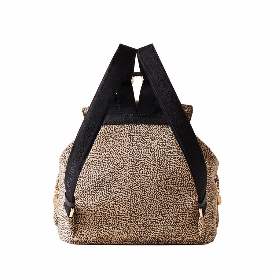 Borbonese medium backpack Poche natural Op fabric black leather