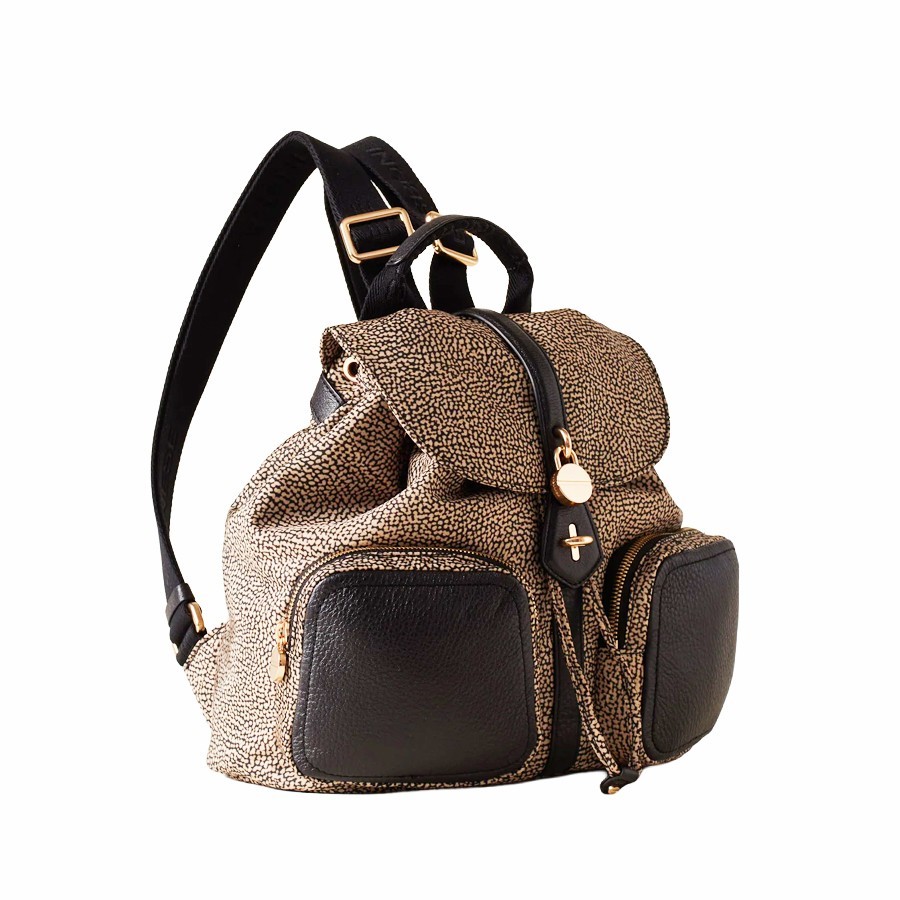 Borbonese medium backpack Poche natural Op fabric black leather