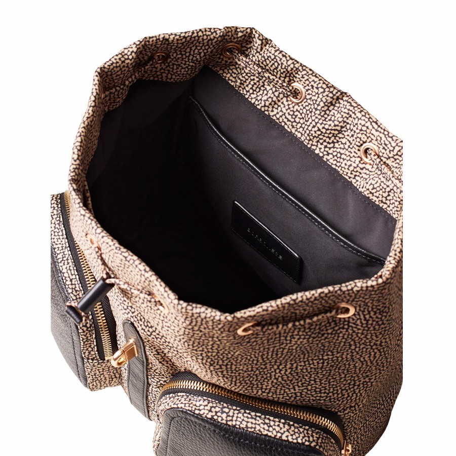 Borbonese zaino medium Poche tessuto Op naturale Pelle nero