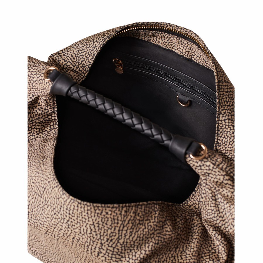 Borbonese Hobo bag medium Pile Fabric Op Op Natural black