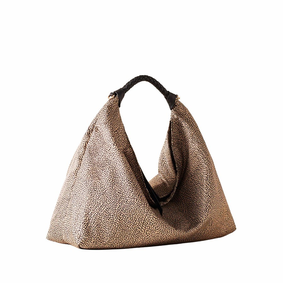 Borbonese Hobo bag medium Pile Fabric Op Op Natural black
