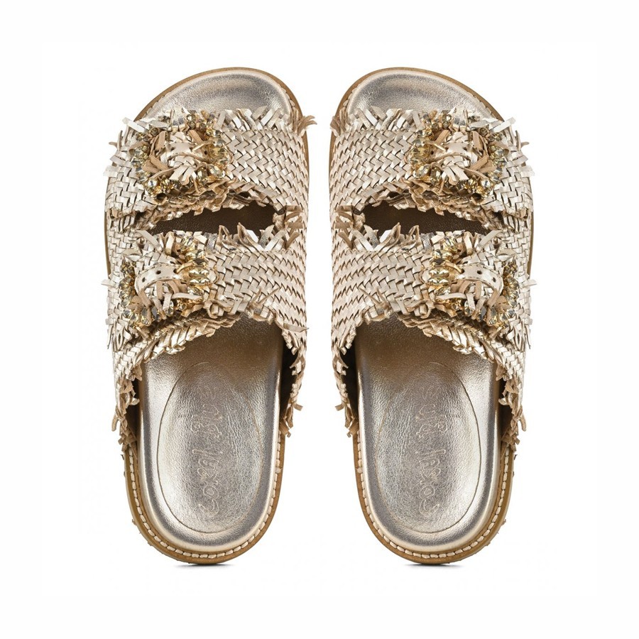 Coral Blue Birkenstock Slide Double Band Jewel Gold