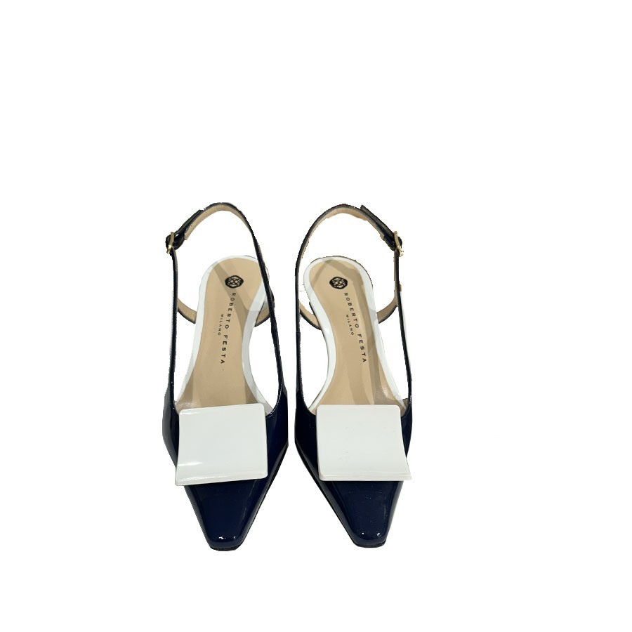 Roberto Festa Slingback KIMERA  in vernice blu con accessorio quadrato