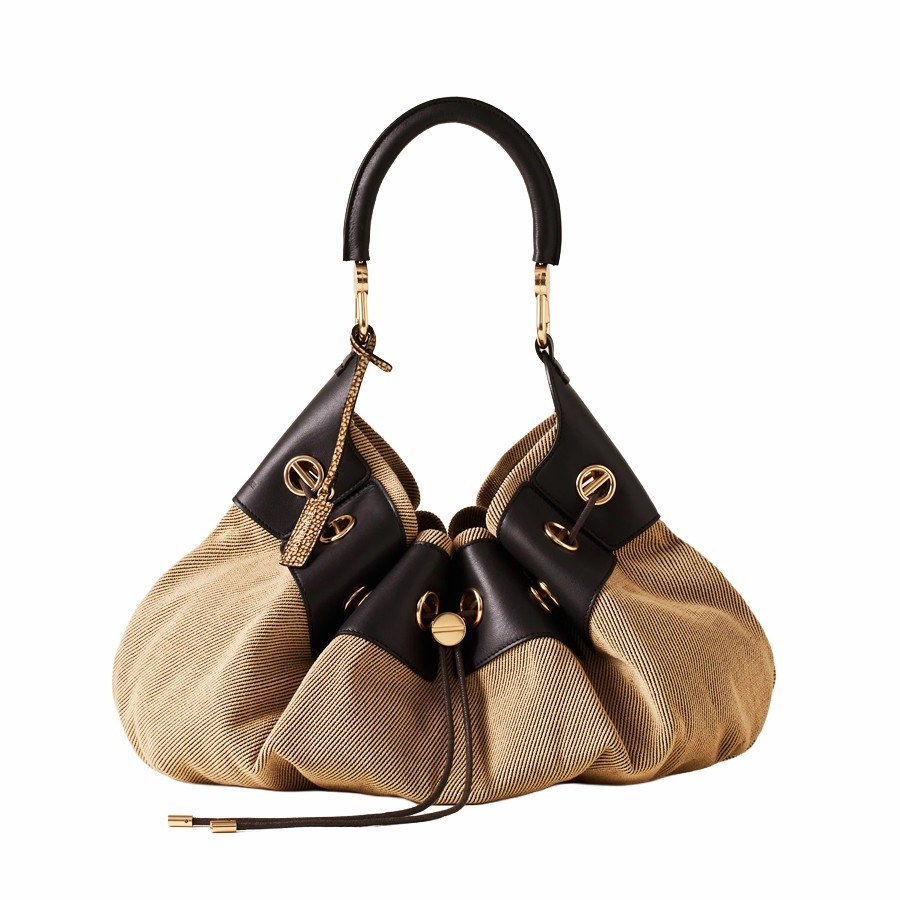 Borbonese Hobo Bag Large Collier Cotton Natural Ebony