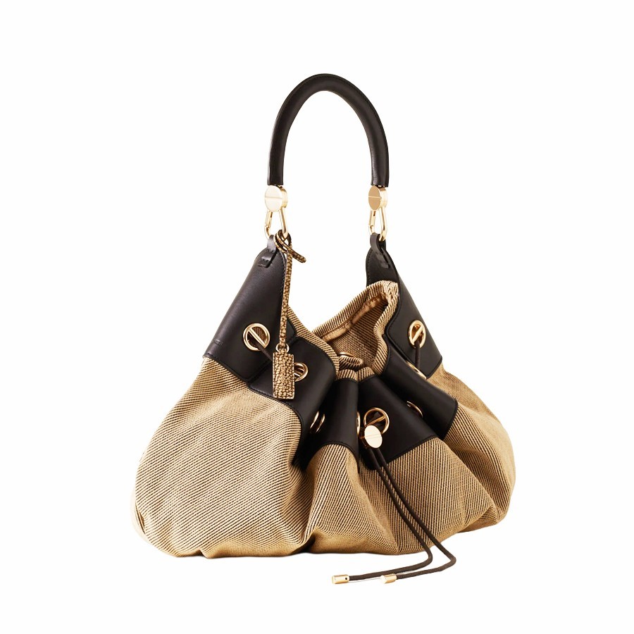 Borbonese Hobo Bag Large Collier Cotton Natural Ebony
