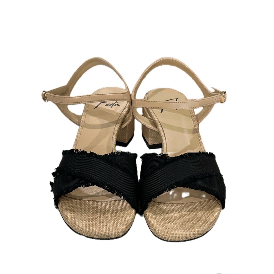 Roberto Festa ELYSSIA sandalo in beige con tessuto sfrangiato nero e tacco medio