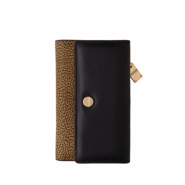 Borbonese medium flap wallet in Op-coated canvas and Op-natural leather, black