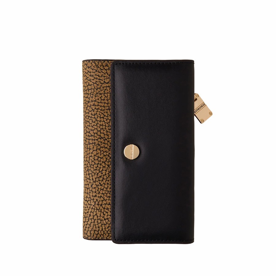Borbonese medium flap wallet in Op-coated canvas and Op-natural leather, black