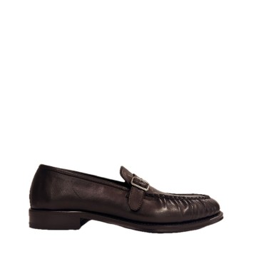 brown leather moccasin with buckle