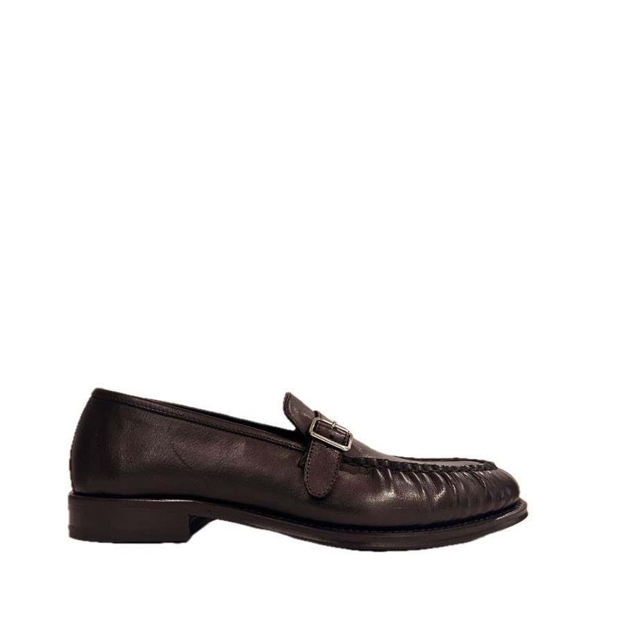 brown leather moccasin with buckle