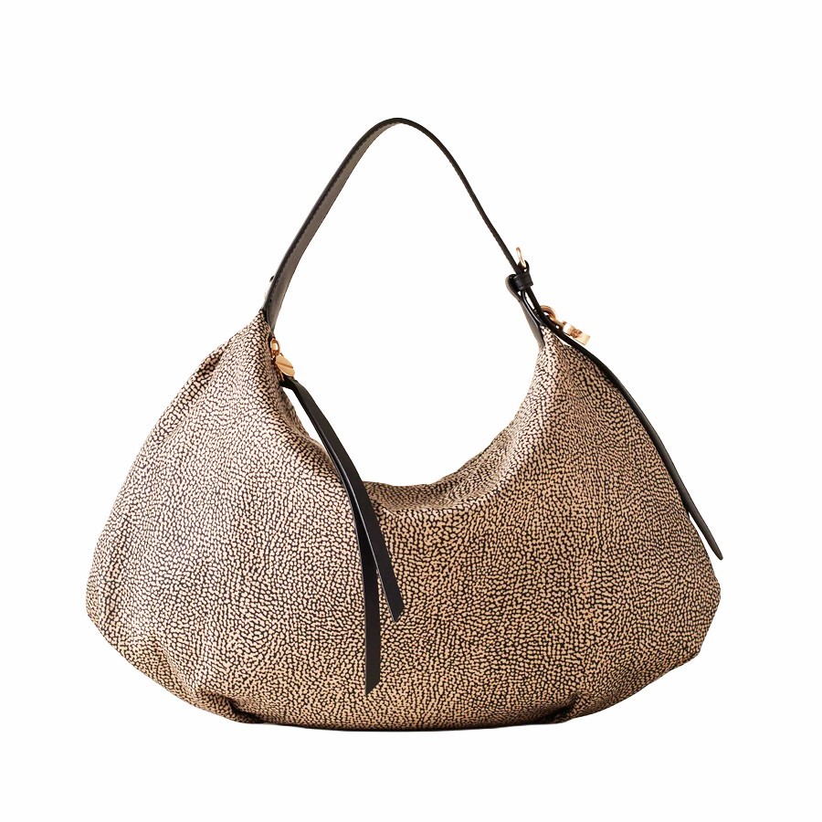 Borbonese medium hobo bag Prive Opnaturale fabric black leather