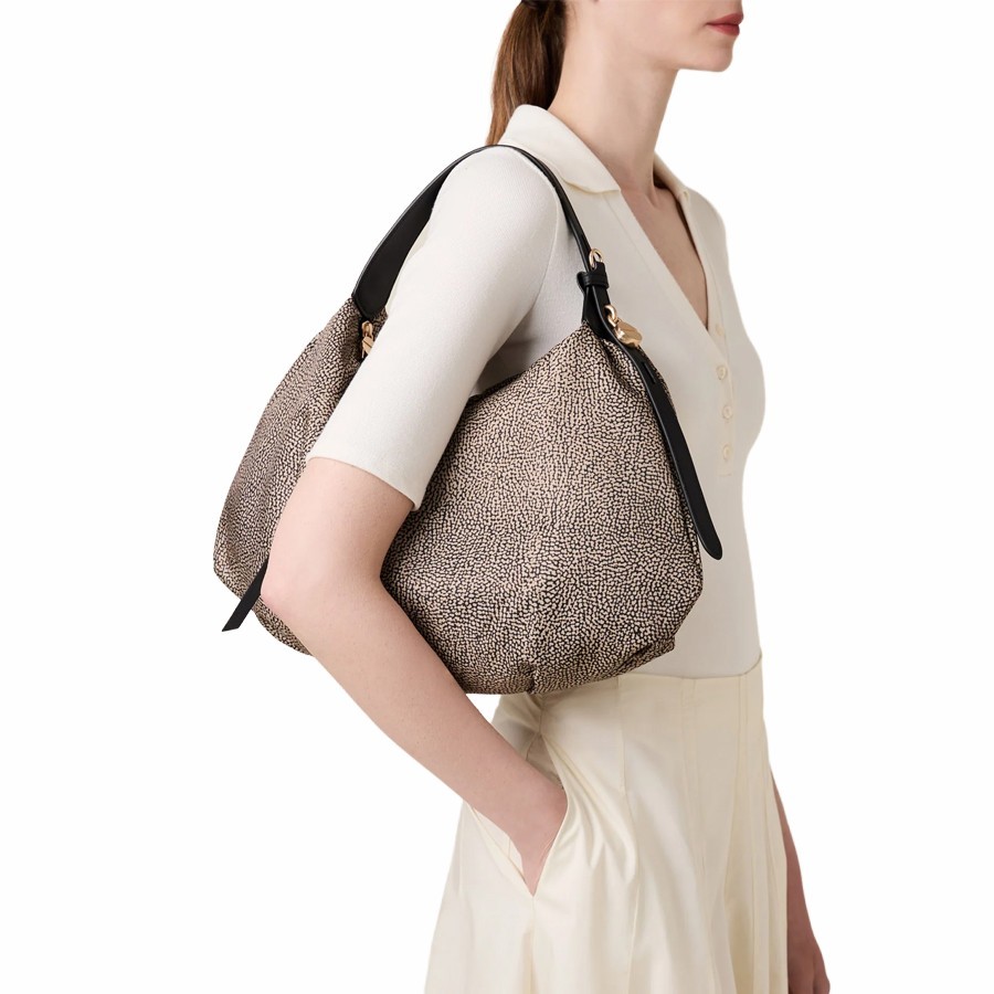 Borbonese medium hobo bag Prive Opnaturale fabric black leather