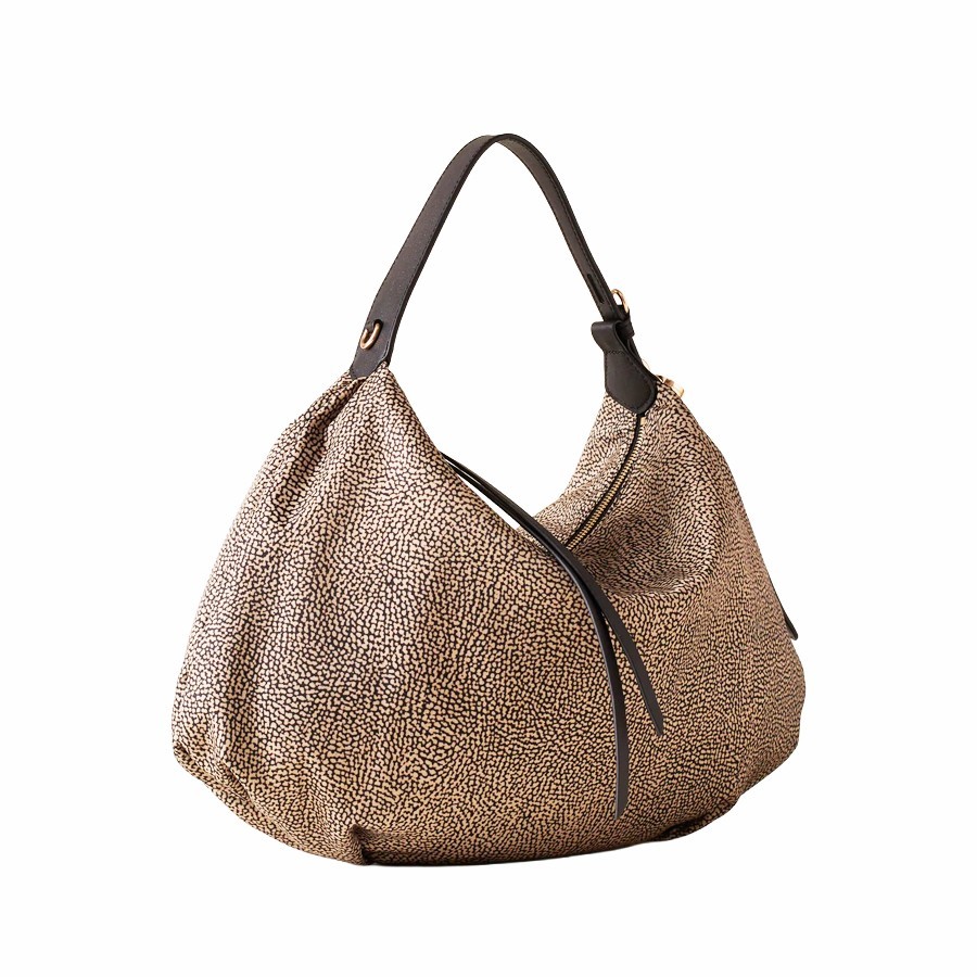 Borbonese medium hobo bag Prive Opnaturale fabric black leather