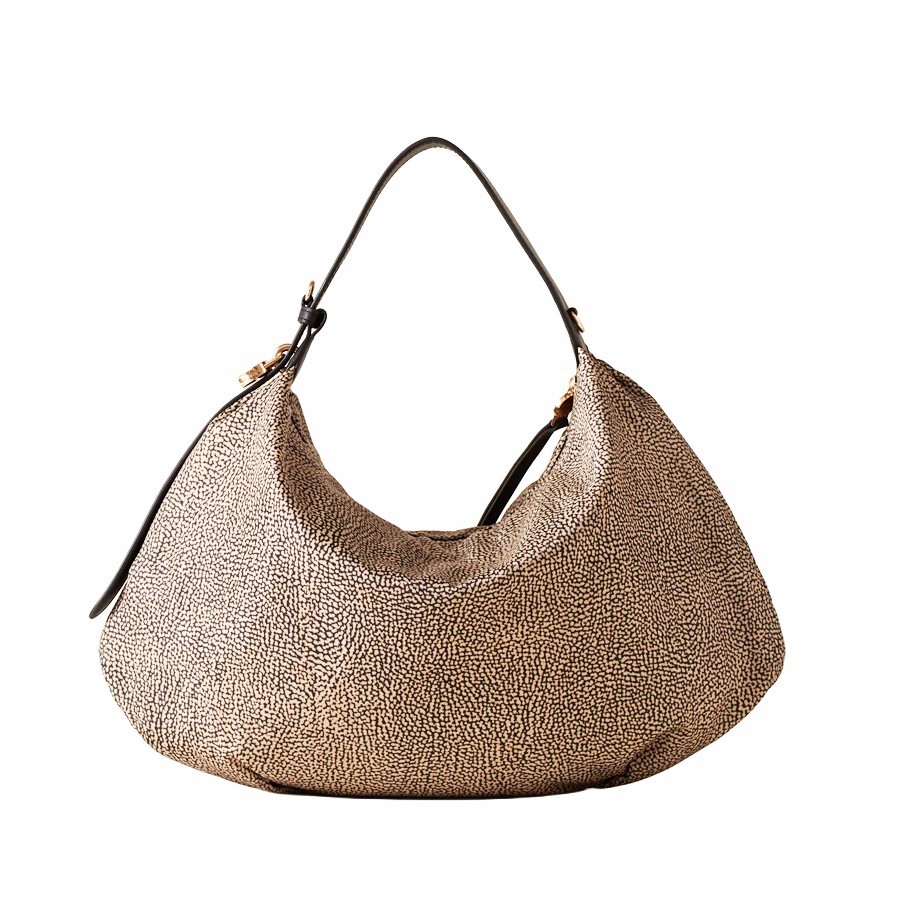 Borbonese medium hobo bag Prive Opnaturale fabric black leather