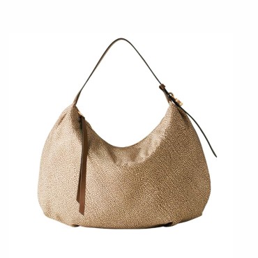 Borbonese borsa hobo medium Prive tessuto Op beige Pelle marrone