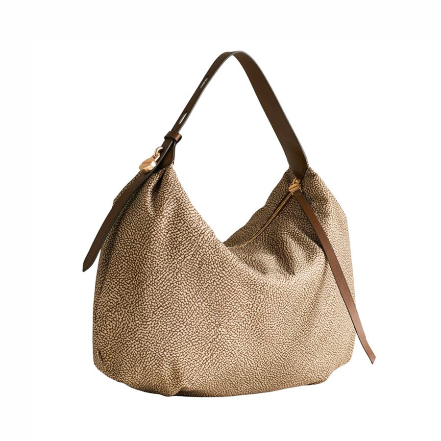 Borbonese Prive medium hobo bag in beige Op fabric, brown leather