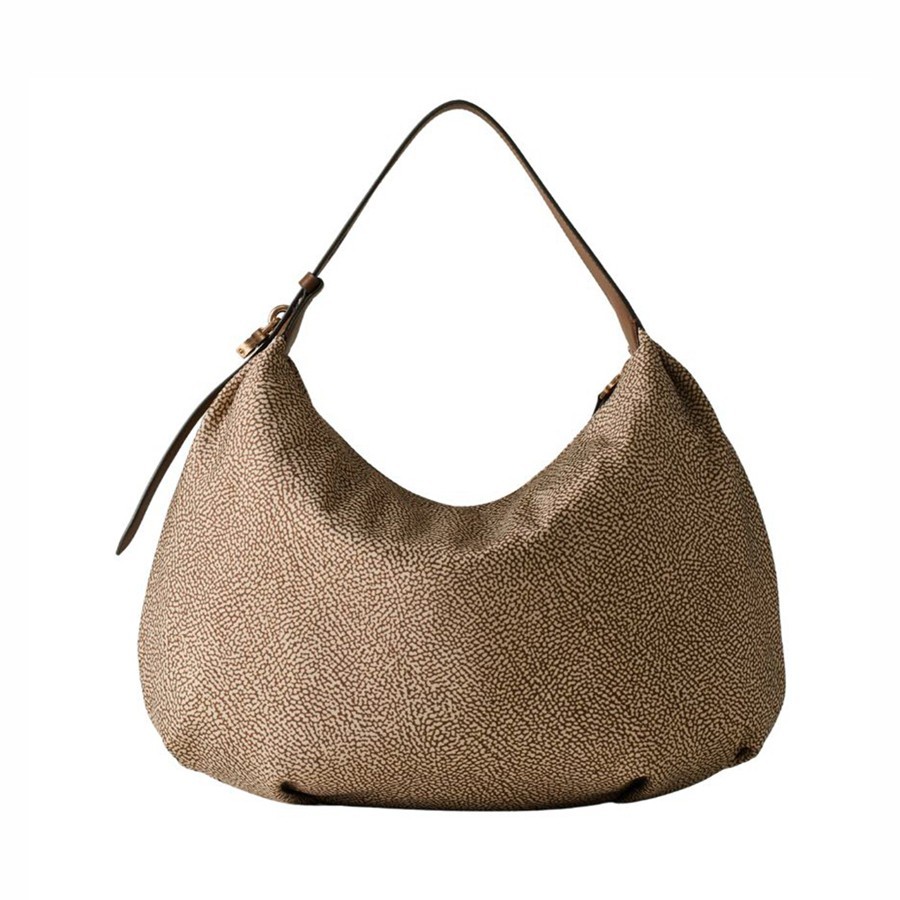 Borbonese Prive medium hobo bag in beige Op fabric, brown leather