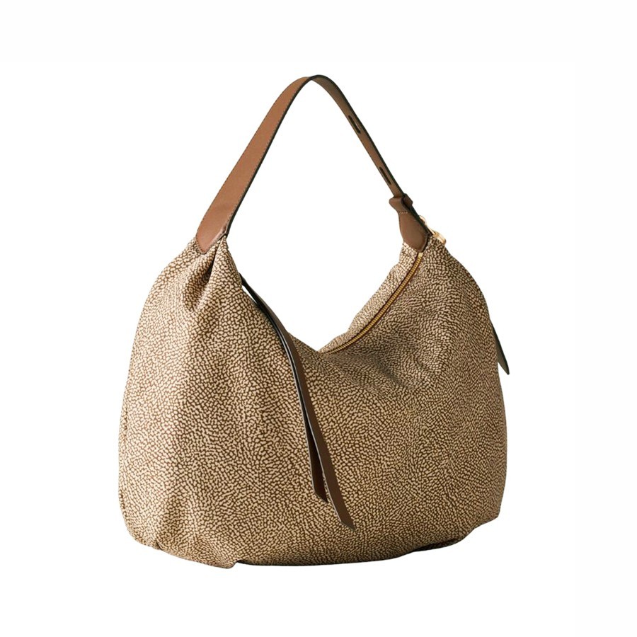 Borbonese Prive medium hobo bag in beige Op fabric, brown leather