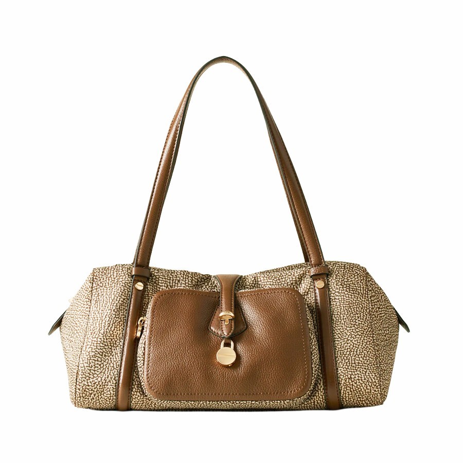 Borbonese medium shoulder bag Poche in beige Op fabric and brown leather