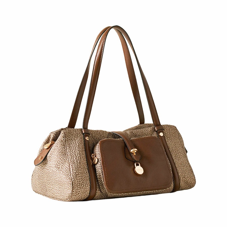 Borbonese bauletto medium a spalla Poche tessuto Op beige e Pelle marrone