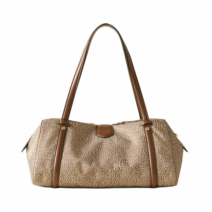 Borbonese medium shoulder bag Poche in beige Op fabric and brown leather
