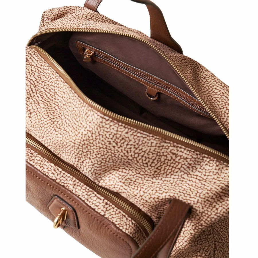 Borbonese bauletto medium a spalla Poche tessuto Op beige e Pelle marrone