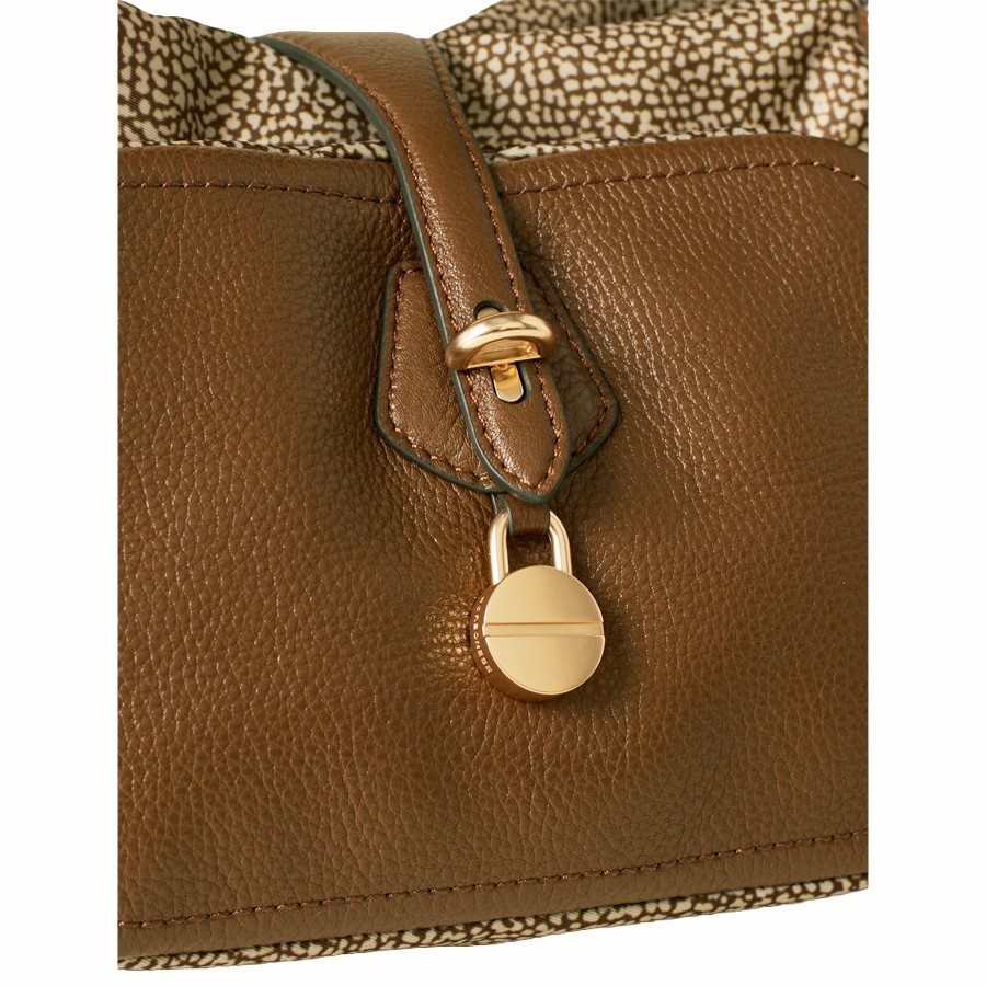 Borbonese medium shoulder bag Poche in beige Op fabric and brown leather