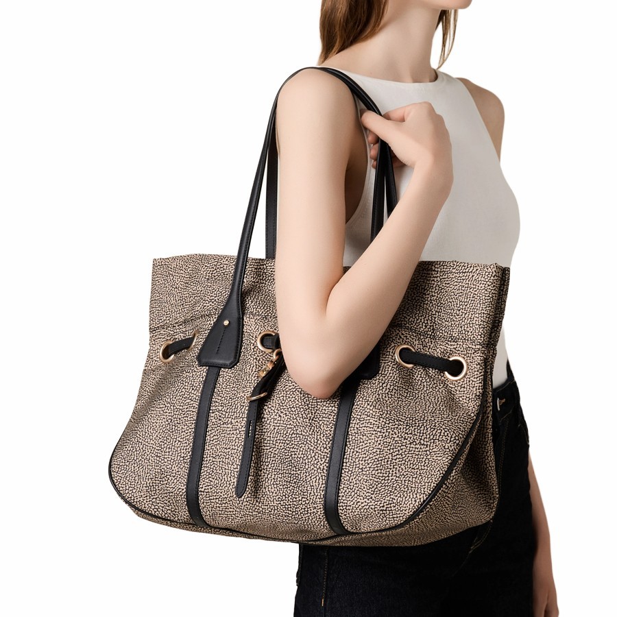Borbonese Privè shopping bag in Opaque fabric and black leather