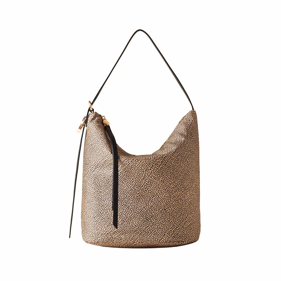 Borbonese Medium Prive Bucket Bag in Natural Fabric and Black Leather
