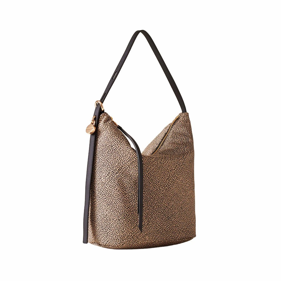 Borbonese Medium Prive Bucket Bag in Natural Fabric and Black Leather