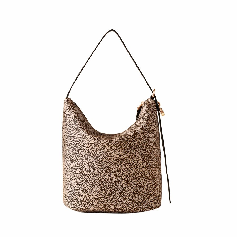 Borbonese Medium Prive Bucket Bag in Natural Fabric and Black Leather