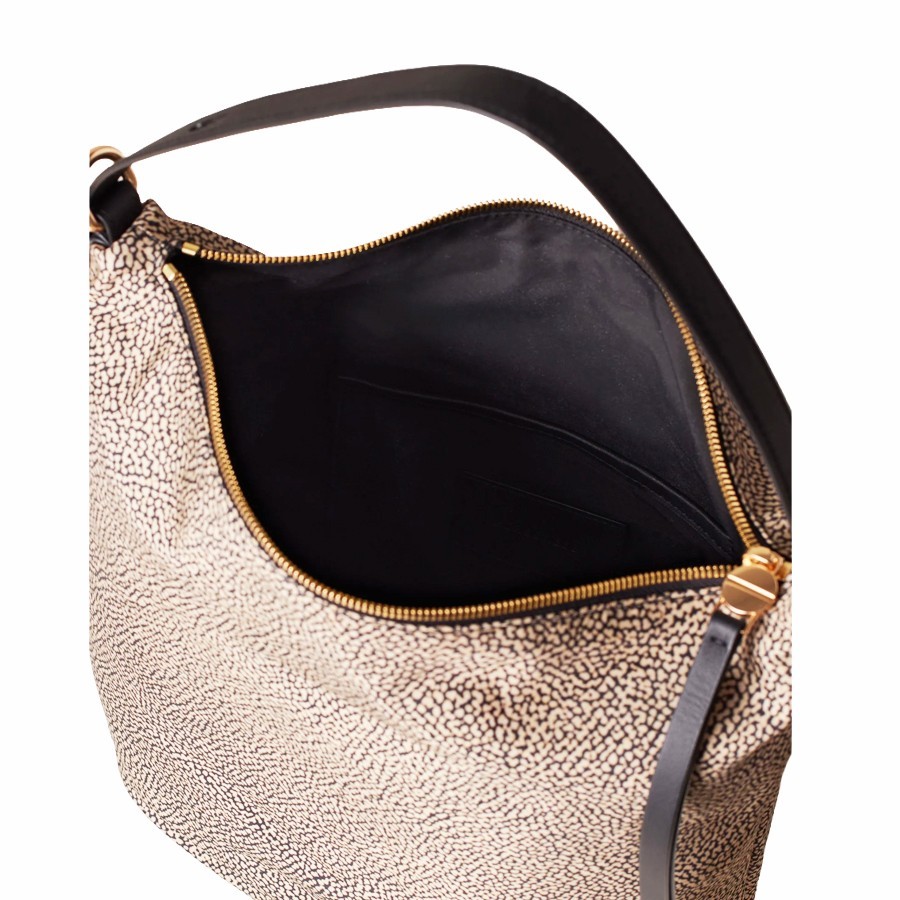 Borbonese Medium Prive Bucket Bag in Natural Fabric and Black Leather