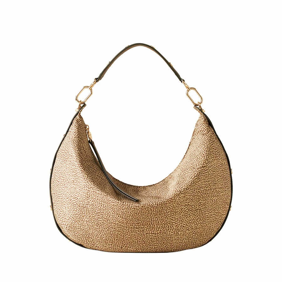 Borbonese medium hobo bag Frame Beige Op Fabric and Brown Leather