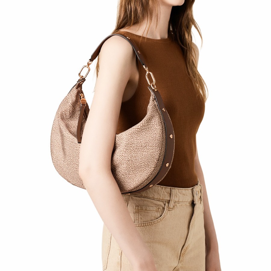 Borbonese medium hobo bag Frame Beige Op Fabric and Brown Leather