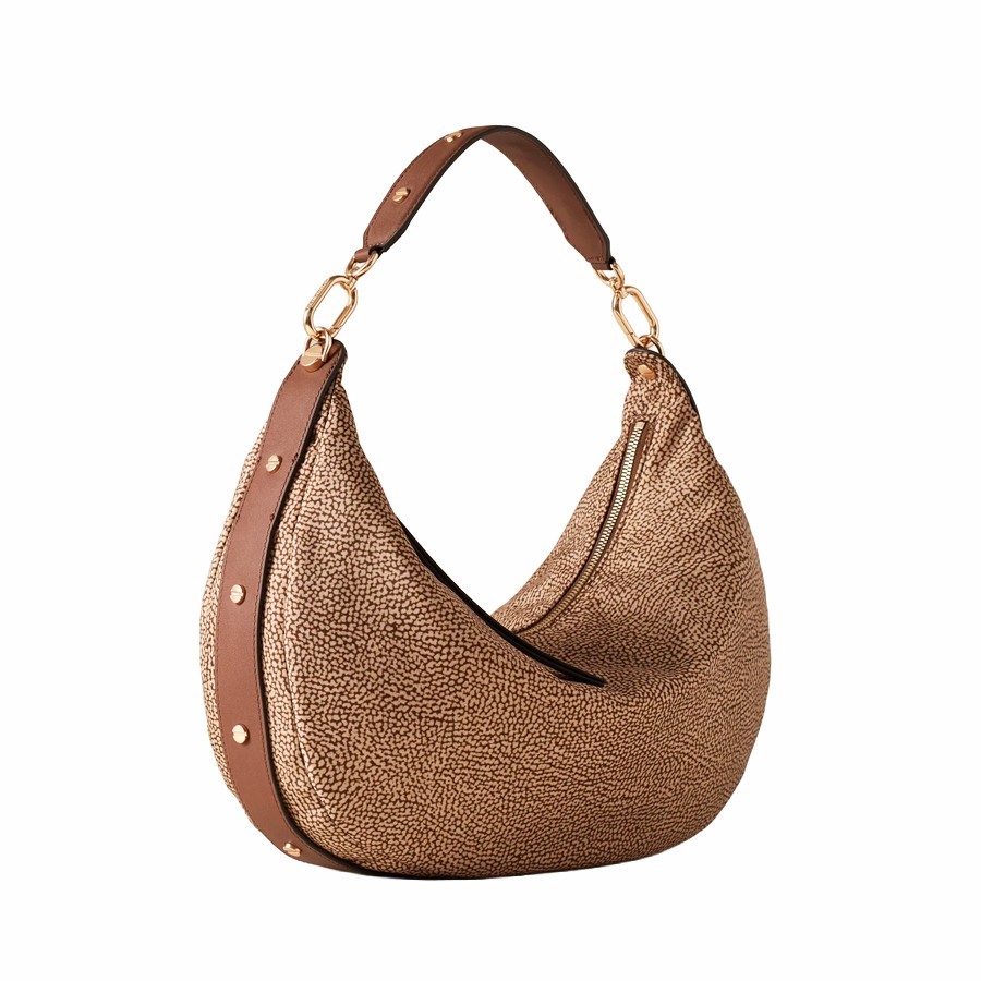 Borbonese medium hobo bag Frame Beige Op Fabric and Brown Leather