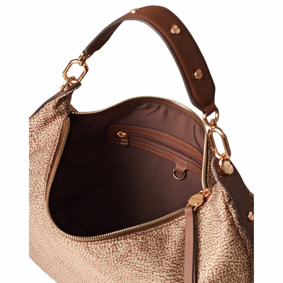 Borbonese borsa hobo medium Frame Tessuto Op beige e Pelle marrone