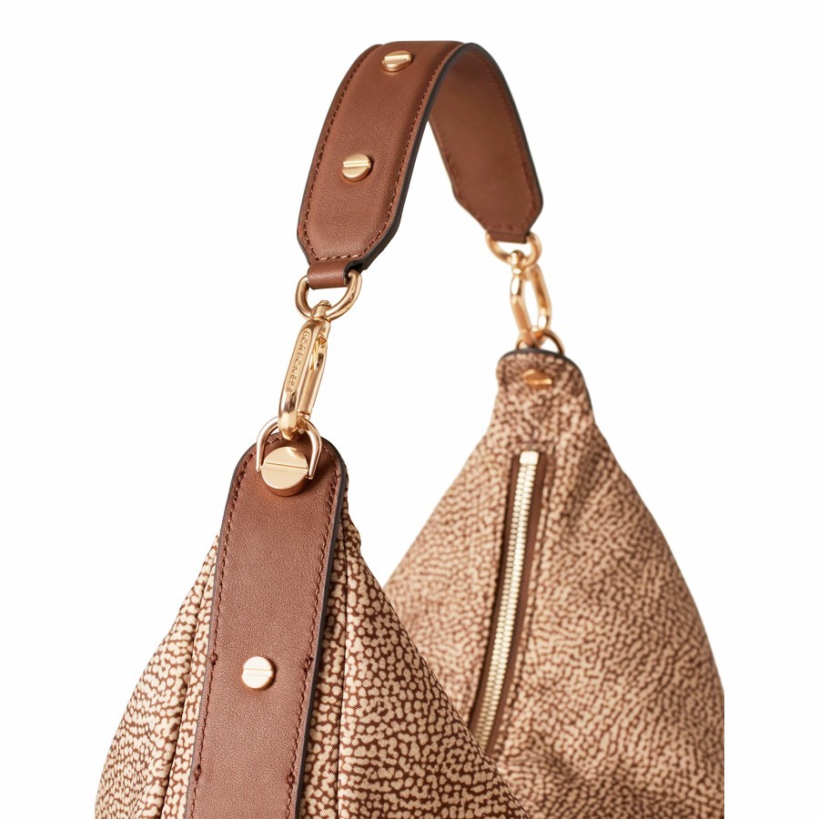 Borbonese medium hobo bag Frame Beige Op Fabric and Brown Leather