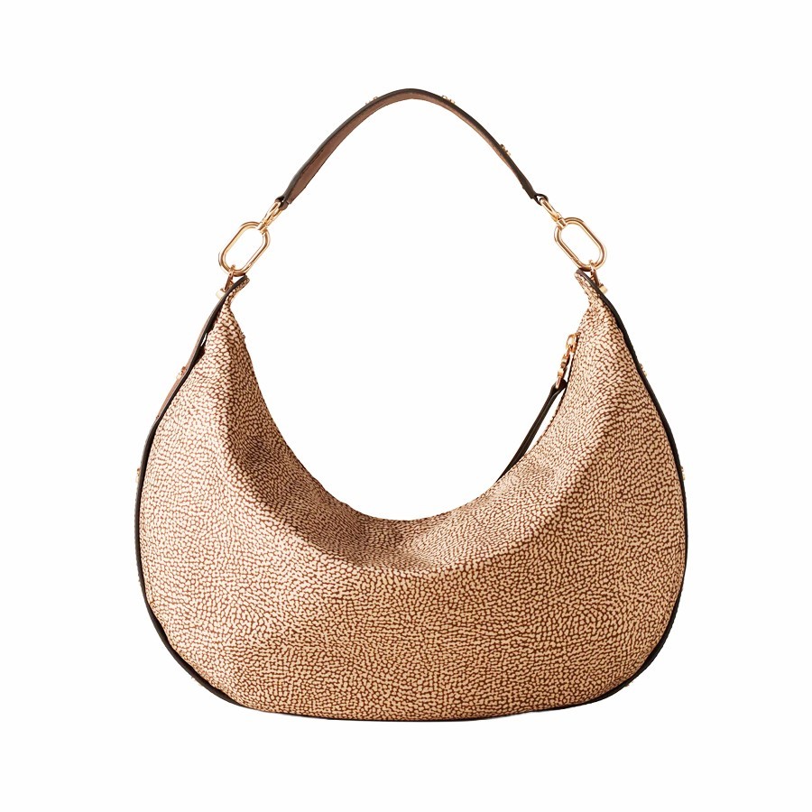 Borbonese borsa hobo medium Frame Tessuto Op beige e Pelle marrone