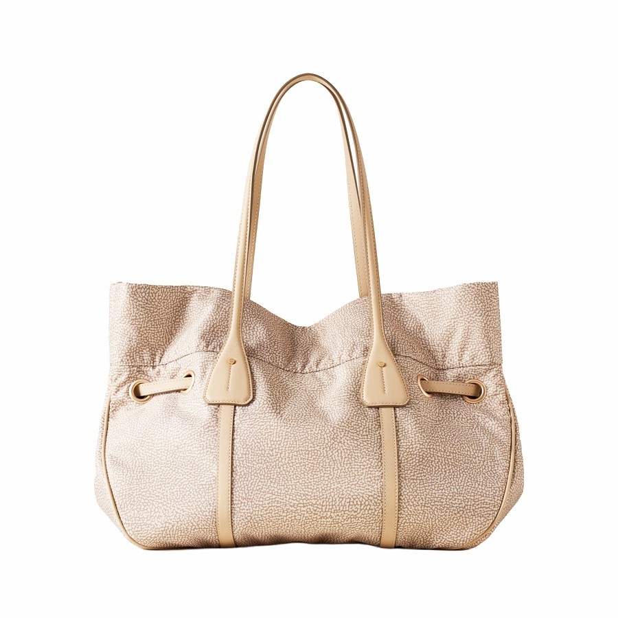 Borbonese Privè shopping bag in Op fabric and sand leather