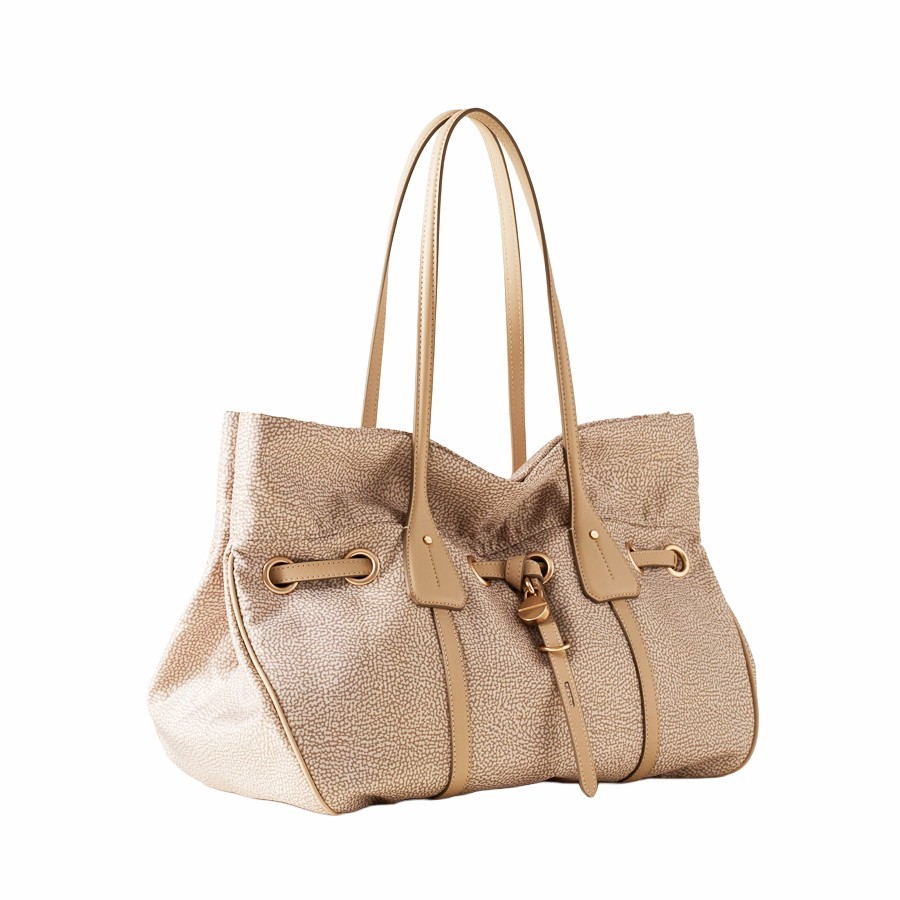 Borbonese Privè shopping bag in Op fabric and sand leather