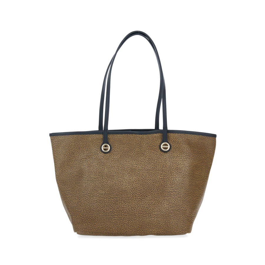 Borbonese medium Flight shoulder shopping bag in Opnatural coated canvas and black leather