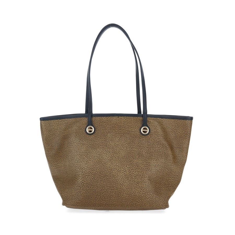 Borbonese medium Flight shoulder shopping bag in Opnatural coated canvas and black leather