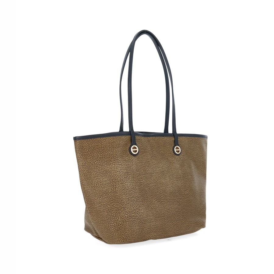 Borbonese medium Flight shoulder shopping bag in Opnatural coated canvas and black leather