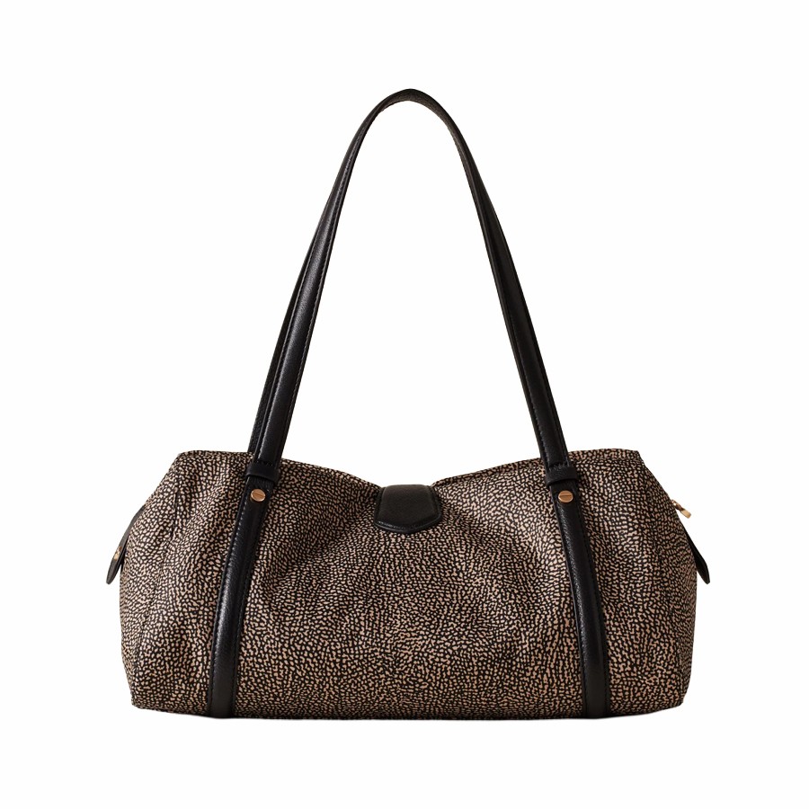 Borbonese bauletto medium a spalla Poche tessuto Opnaturale e Pelle nero